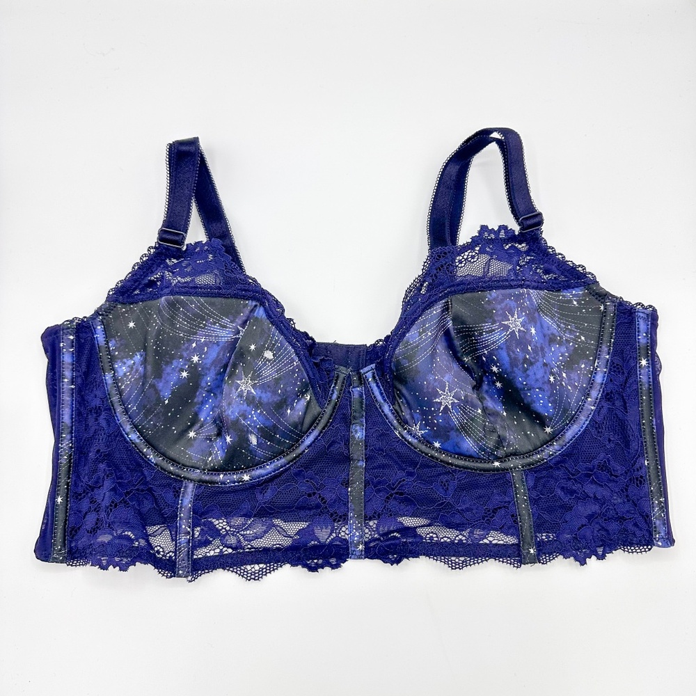 Adore Me Blue Satin & Lace Galaxy Star Corset Long Line Bra